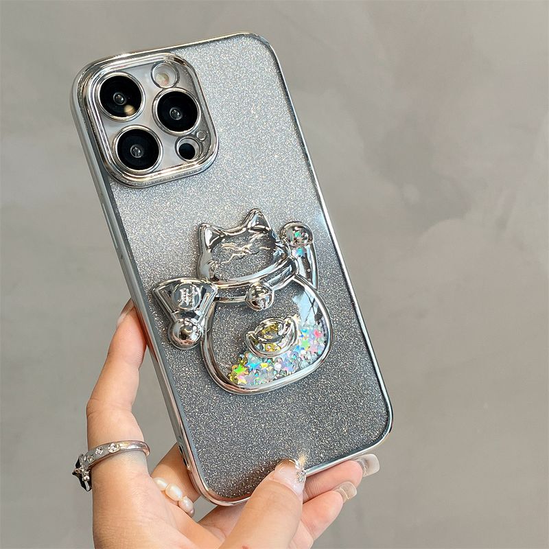 Custodia per telefono Flowing Sand Electroplated Wealth Cat adatta per iPhone 11, 12, 13, 14, 15 Pro Max con pellicola per obiettivo integrata_voghion.com