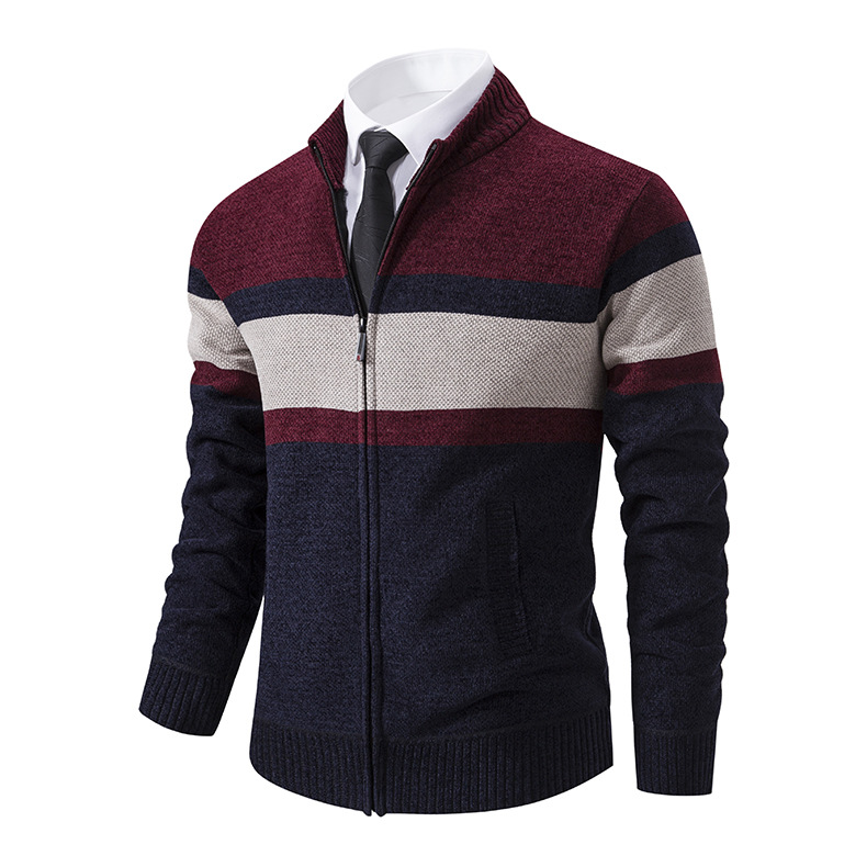 2023 Autumn and Winter Men's Sweater Cardigan Stand Collar Zipper Sweater Fashion Casual Color Block Jacket_voghion.com