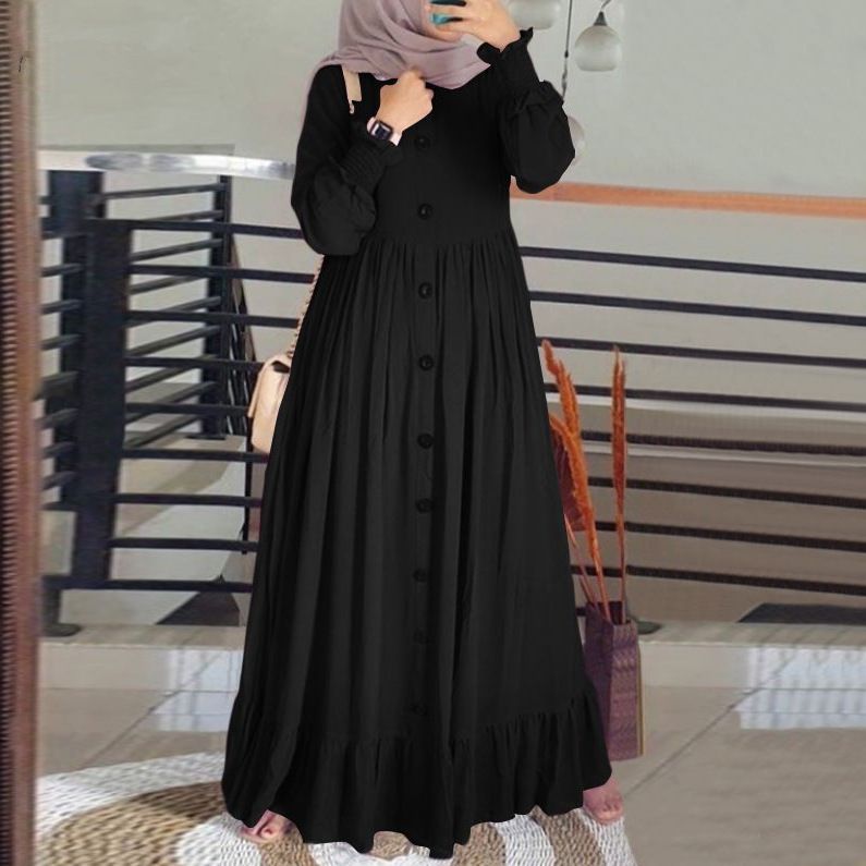 Kadın Pamuk ve Keten Sanat Retro Rahat Bol Büyük Beden Yuvarlak Yaka Volanlı Elbise_voghion.com