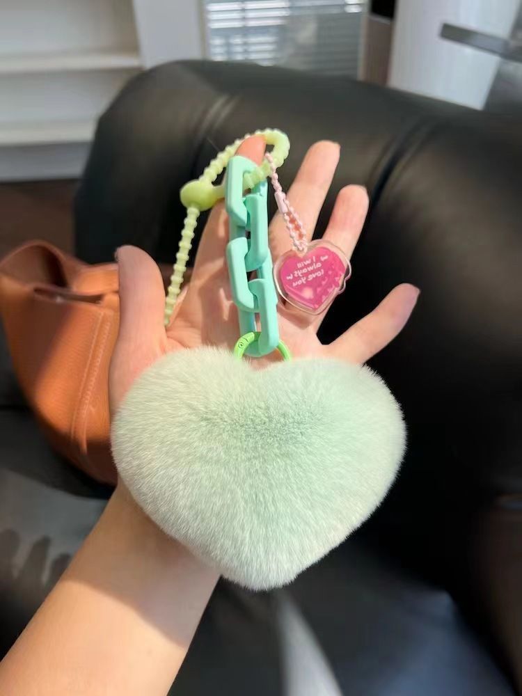 Creative Silicone Real Rex Rabbit Fur Heart Chain Exquisite Backpack Pendant Couple Ornament Car Keychain_voghion.com