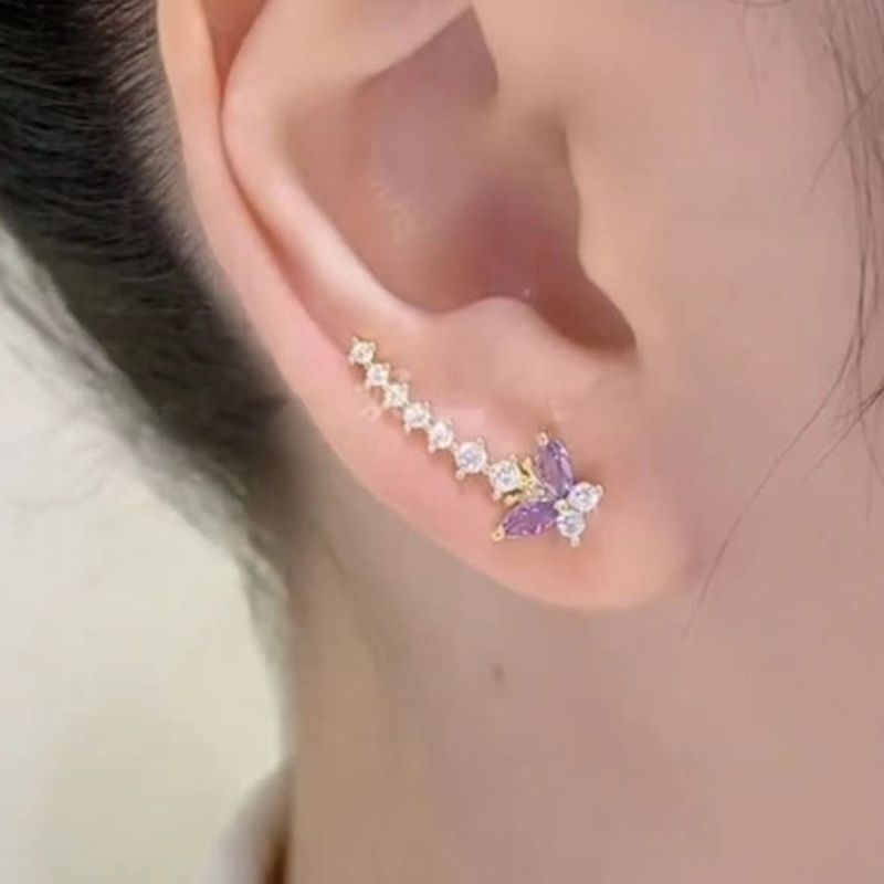 Purple Zircon Butterfly Ear Row Earrings Women's Niche Design Exquisite Versatile Stud Earrings High-end Personalized Earrings_voghion.com