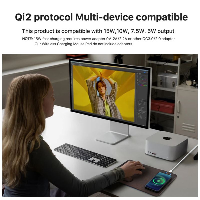 15W Wireless Fast Chargers Pad With Genuine Leather Charging Mouse Mat For PC Computers Laptops Office Accessories_voghion.com