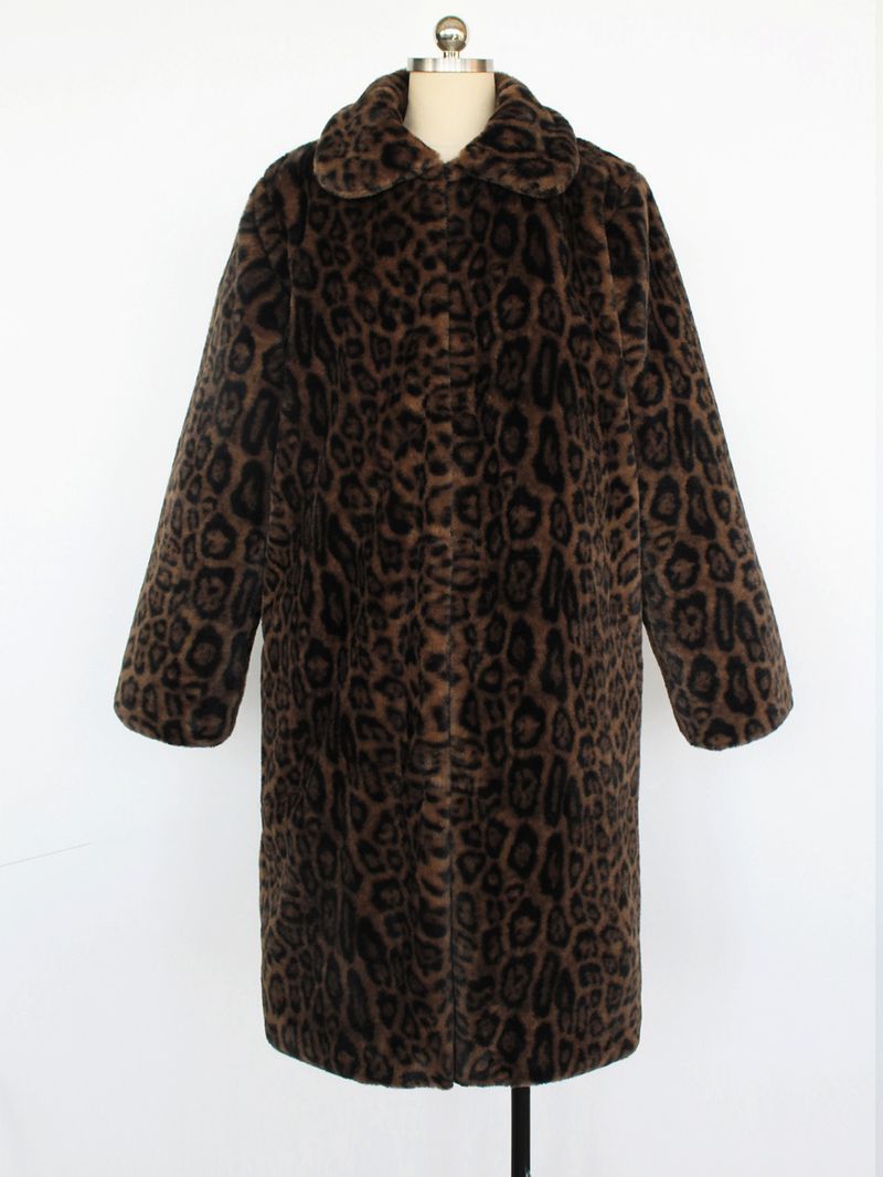 Women's Long Faux Fur Coat Leopard Print Winter Warm Thick Trench Style Outerwear Elegant Square Neckline With Pockets_voghion.com