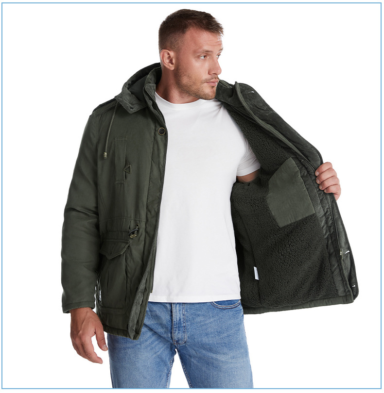 Men's Plus Size Shearling Hooded Cotton Jacket Thickened Multi-Pocket Cotton Top Casual Mid-Length Coat_voghion.com