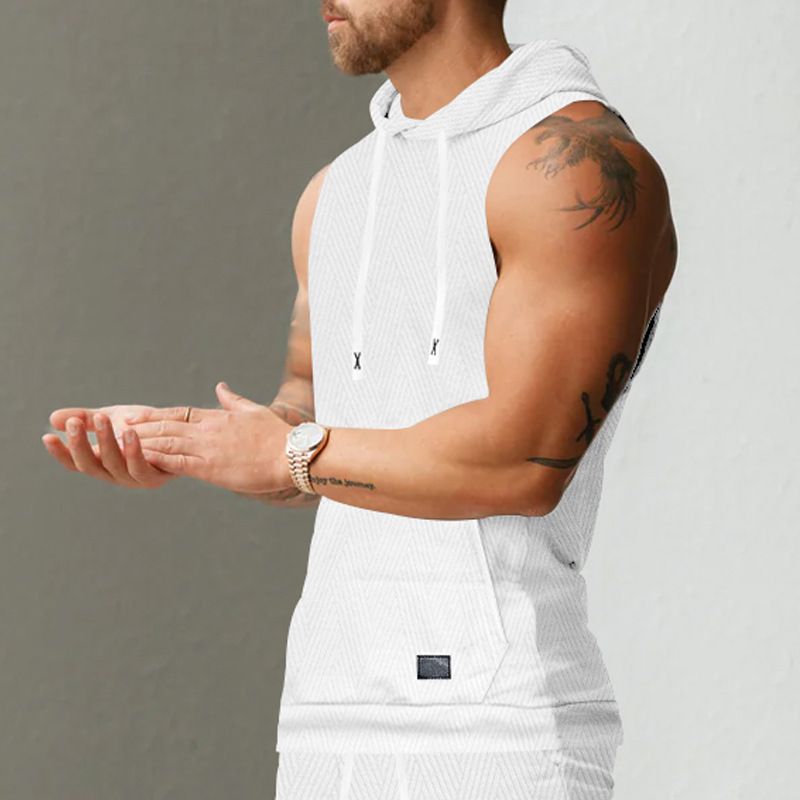 Felpa con cappuccio in maglia jacquard casual da uomo, senza maniche, con tasca applicata e coulisse_voghion.com