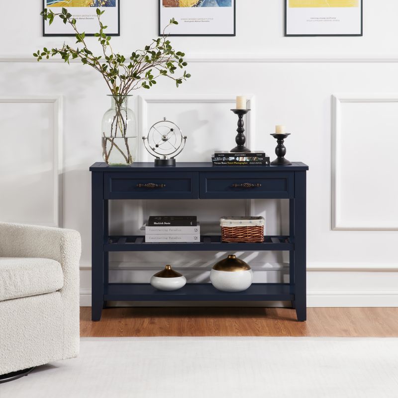 Retro Design Console Table With Two Open Shelves, Pine Solid Wood Frame And Legs For Living Room_voghion.com