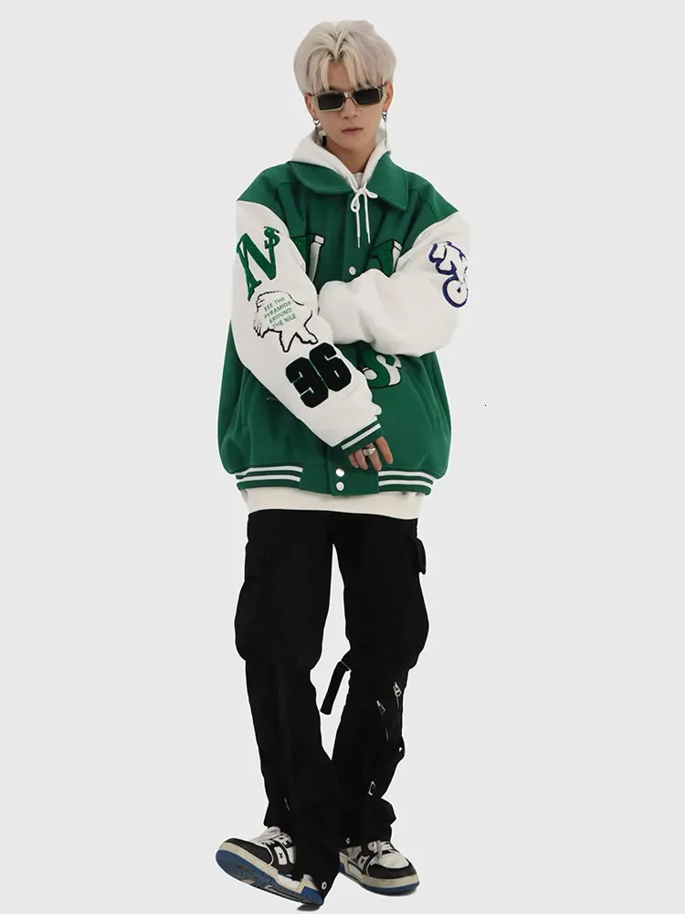 Men's Patchwork Jacket: Flocked Skeleton Varsity Bomber - Cool Male Jackets, Loose Fit College Coat, Blue Hip Hop_voghion.com