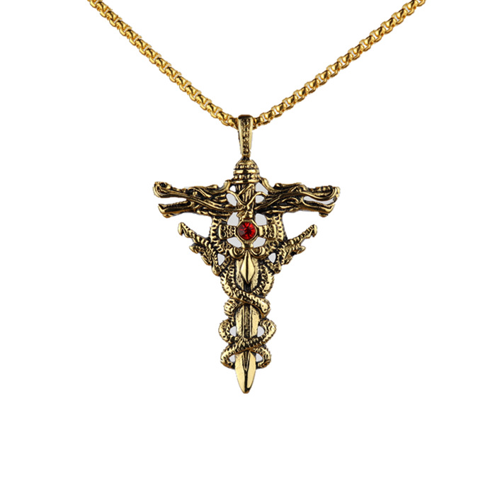 Fashion Double Dragon Sword Titanium Steel Necklace Pendant Retro Punk Cross Lucky Fortune Men's Accessories Jewelry _voghion.com