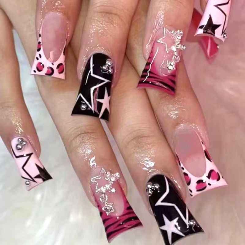 Elegant Press-On Nails With Leopard Print, French Tips & Star Charms - Reusable Fake Nails For Women, Glue & Gel Adhesive Options_voghion.com