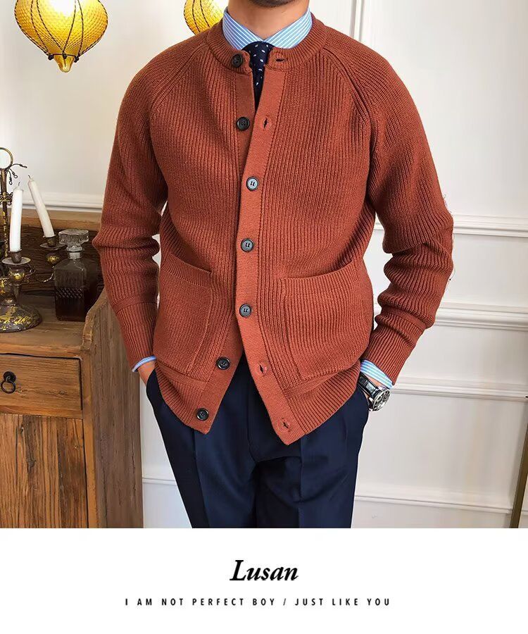 Übergroßer Strick-Cardigan für Herren – Dehnbarer und atmungsaktiver Freizeitpullover mit offener Vorderseite (Schwarz/Grau/Karamell) – Übergröße_voghion.com