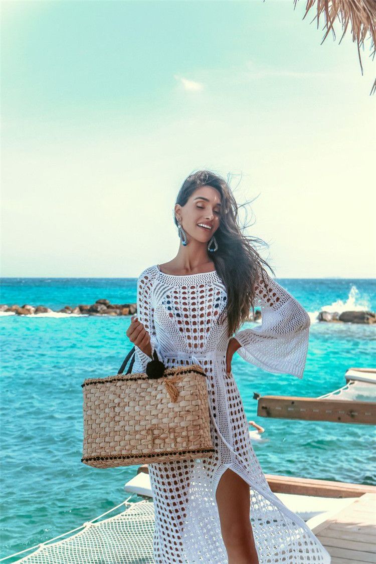 Abbigliamento da donna, sexy, in maglia cava, da spiaggia, sexy, in pizzo, in maglia, da spiaggia, abito a maniche lunghe, con spacchi laterali, costume da bagno, copricostume trasparente per donna_voghion.com