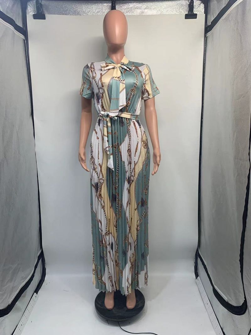Women's short-sleeved printed pleated straps long skirt plus size _voghion.com