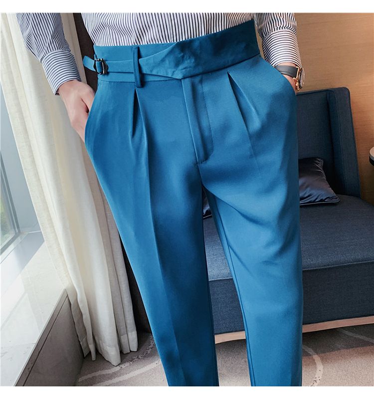 Autumn new men's casual trousers Internet celebrity Neapolitan trousers personalized belt decoration thin trousers men_voghion.com