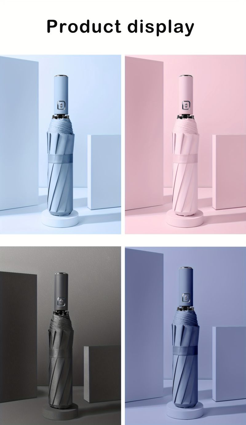Stilvoller Regenschirm mit automatischer Öffnungs- und Schließfunktion, 10 Rippen, winddicht, 190T Pongee, kompakt, für unterwegs, faltbar, ergonomischer Griff, Beige, Blau, Schwarz, 1er-Pack_voghion.com