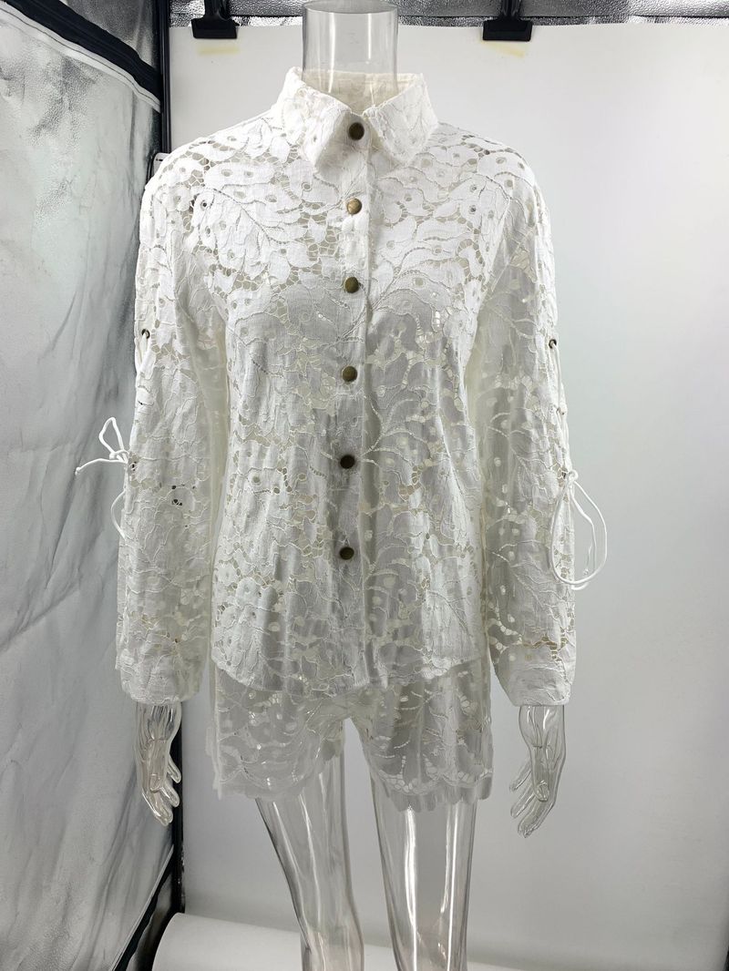 Damen Casual Fashion Hollow Out Turn-Down-Kragen Langarm Spitzenhemd und Shorts Zweiteiliges Set_voghion.com
