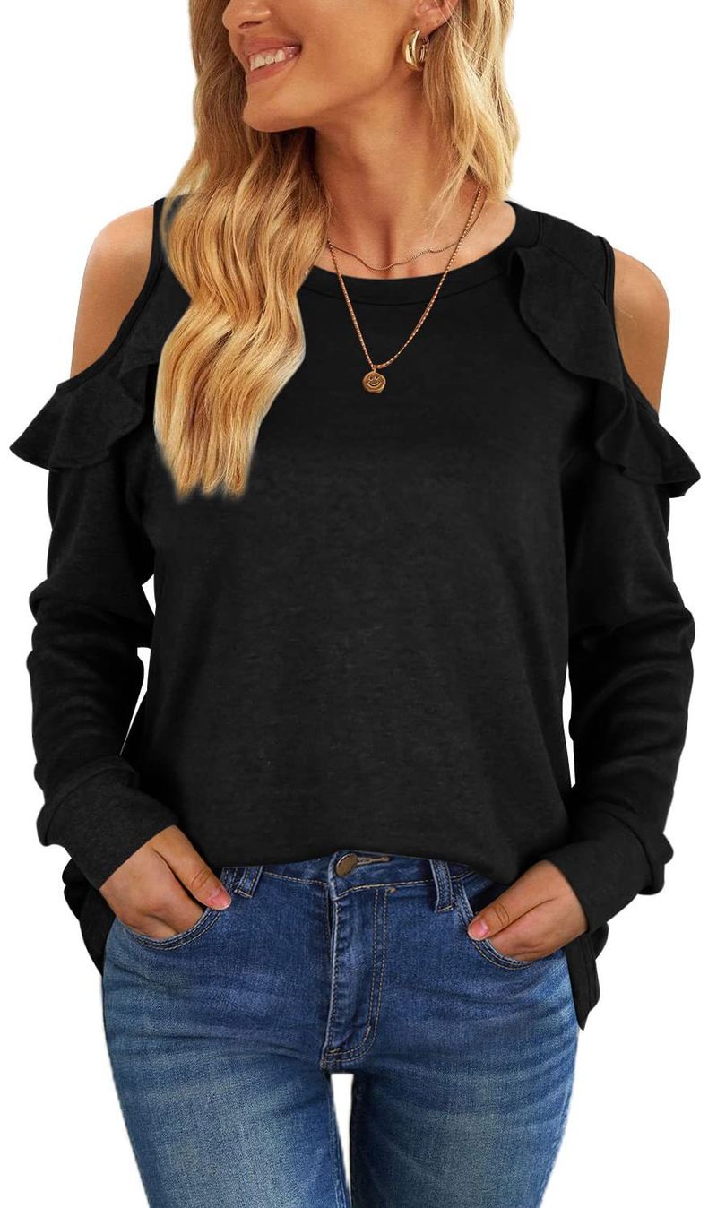 Top oversize da donna in maglia con spalle scoperte e orlo arricciato - Maglione casual in morbido misto cotone per autunno inverno_voghion.com