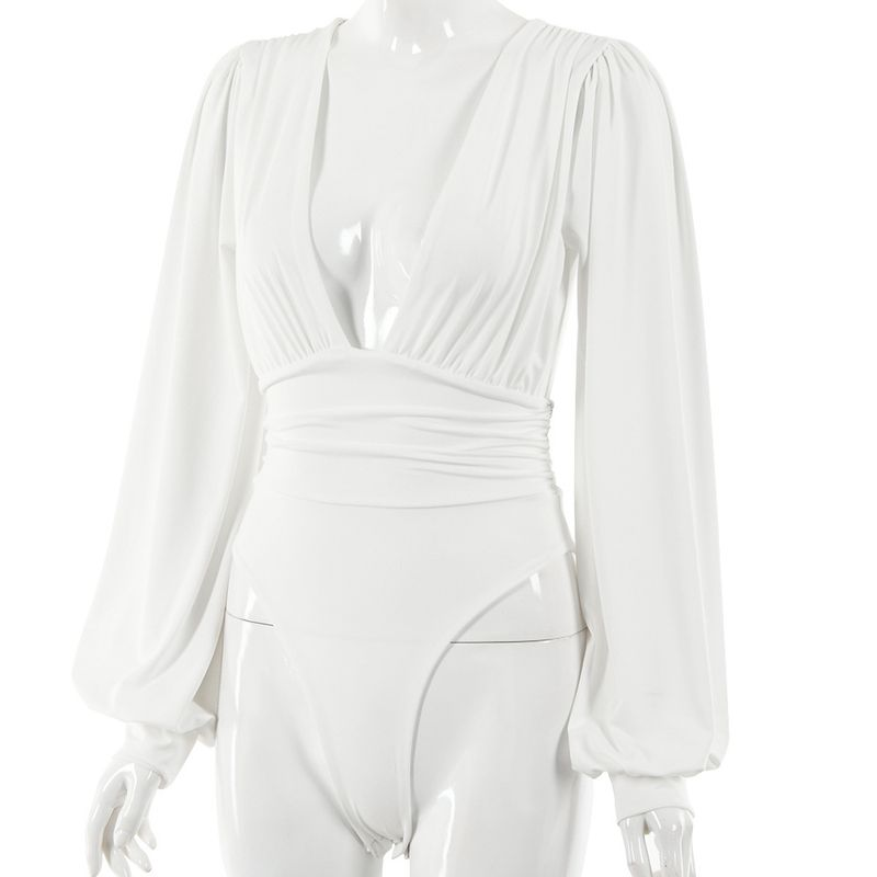 Kvinders sexet langærmet dyb V-talje plisseret temperament jumpsuit_voghion.com
