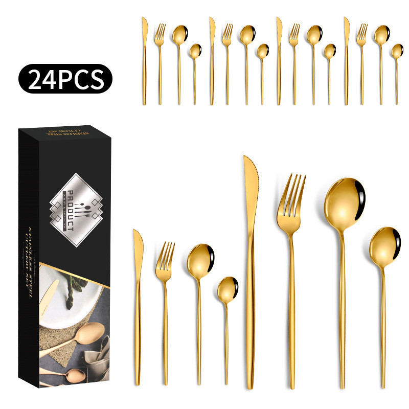 Western-Steakmesser, Gabel und Löffel aus Edelstahl, Gold, 24-teiliges Set_voghion.com