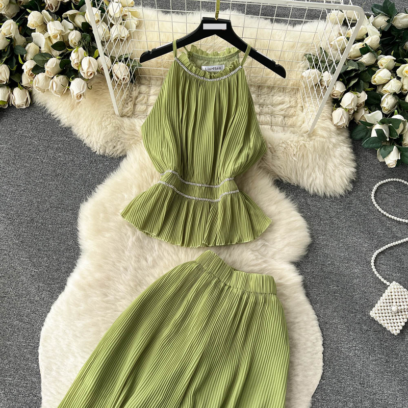 Abito da donna alla moda per donna: gilet pieghettato con scollo all'americana tempestato di diamanti + pantaloni casual a gamba larga a vita alta abito a due pezzi_voghion.com