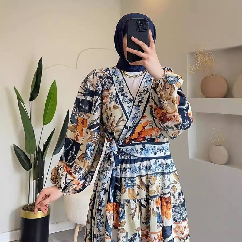 Women’s Clothing Autumn New Women's Fashion Printed V Neck Tie Waist Long Sleeved Dress_voghion.com