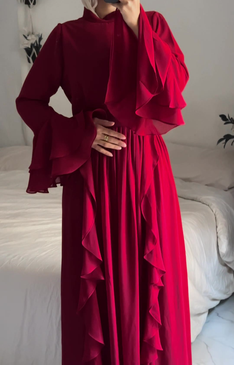 Abito lungo da donna, in chiffon, con collo a mezza altezza, con cuciture sul bordo e sulle orecchie in legno, stile autunno-inverno_voghion.com