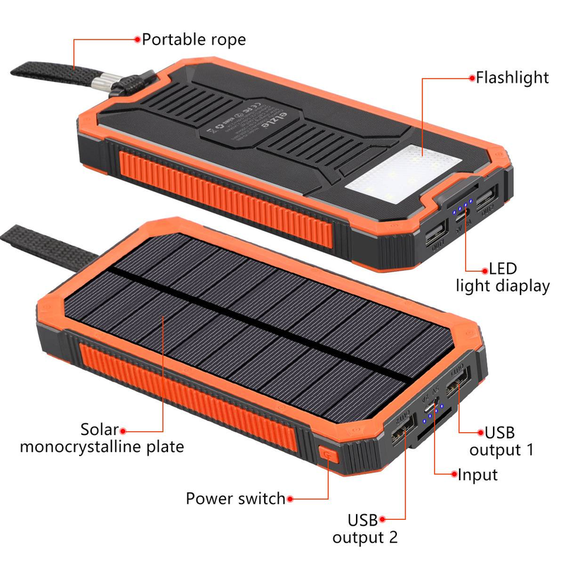 20000mAh Solar Power Bank With 10W Fast Charging, Portable Outdoor Camping Battery Pack For Hiking, Travel, Emergency (Black/Black-Orange)_voghion.com