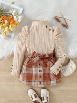 Ensemble 2 pièces élégant pour mère et enfant, chemisier à manches princesse et jupe à carreaux, en coton doux, col semi-haut, manches longues (4 à 7 ans, beige)_voghion.com