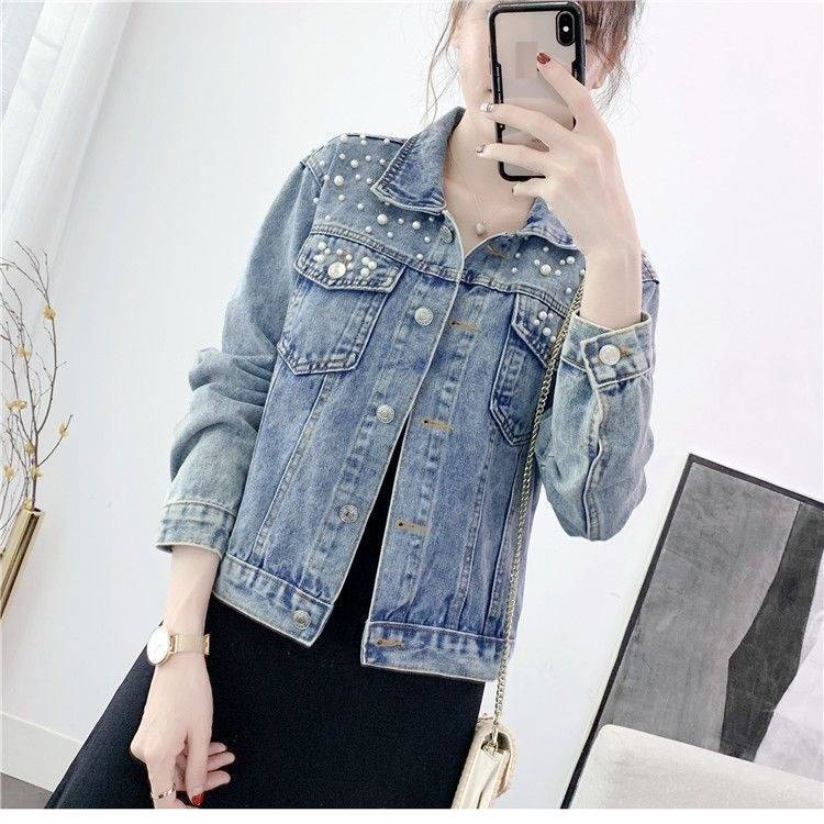 Distressed Denim Jacket Women's Casual Blazer With Rhinestone Embellishments, Light Blue Oversized Coat For Students & Plus Size_voghion.com