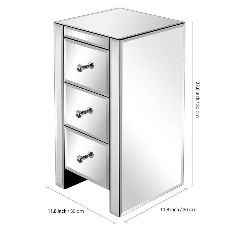 Table de chevet en verre miroir avec 3 tiroirs à boutons en cristal – Table de chevet argentée moderne pour une décoration de chambre glamour (taille S)_voghion.com