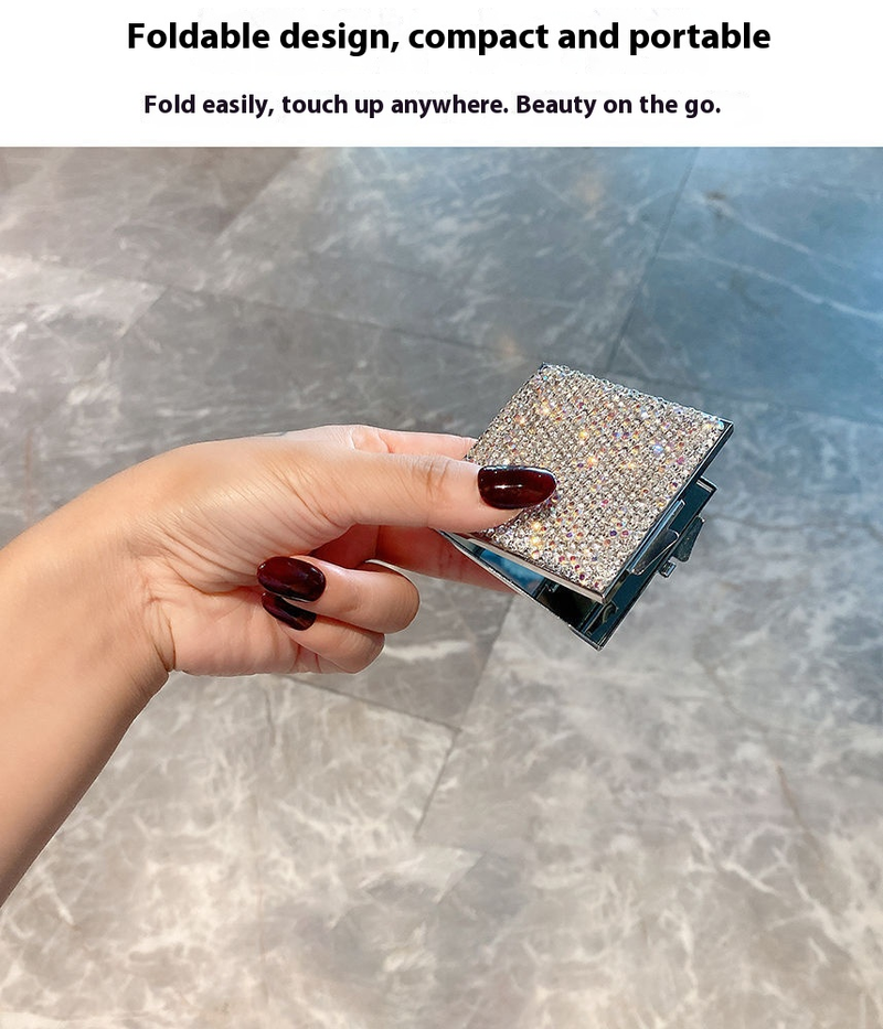 Folding Dual-Sided Handheld Makeup Mirror – HD Portable Compact Mirror With Diamond Accents, Non-Electric (PU/PS PVC Frame, Square Shape)_voghion.com