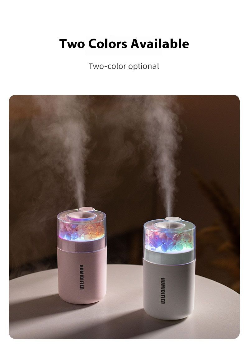Mini-USB-Luftbefeuchter mit LED-Stimmungslicht – 0,5 l tragbarer Luftbefeuchter für Auto und Schreibtisch, ABS-Kunststoff, leiser Nebel mit 38 dB (Weiß/Lavendel/Blumendesign)_voghion.com