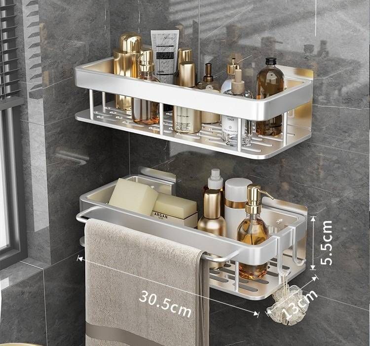 Gunmetal Gray Square Bathroom Wall Shelf – Double Layer No Rod, Heavy-Duty Aluminum, No Drill Bathroom Organizer For Toiletries, Cosmetics_voghion.com