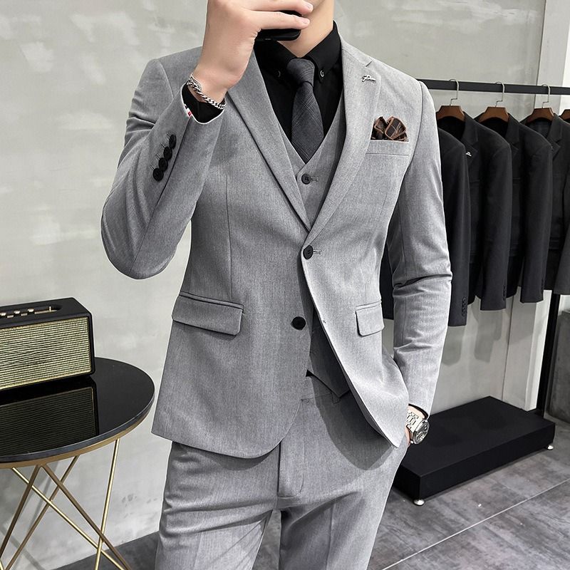 Men's Lightweight 3-Piece Business Suit Set – Slim Fit Two-Button Blazer With Vest & Trousers (Early Autumn Office Wear, Side Vents)_voghion.com