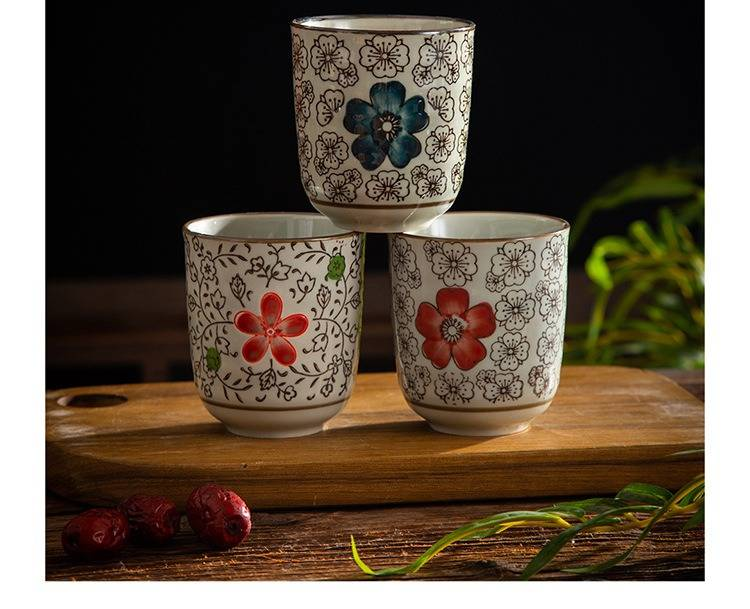 Japanese Style Underglaze Hand-Painted Ceramic Tea Cup - 250ml Traditional Floral Design, Microwave Safe_voghion.com