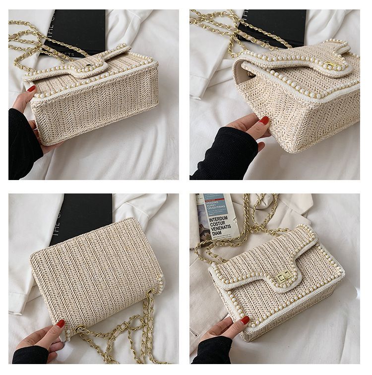 Borse da donna Nuovo stile Perline Bordo Catena Una spalla Lucchetto Piccola borsa quadrata Signore Paglia intrecciata Piccola fragranza Stile Moda Piccola borsa quadrata_voghion.com