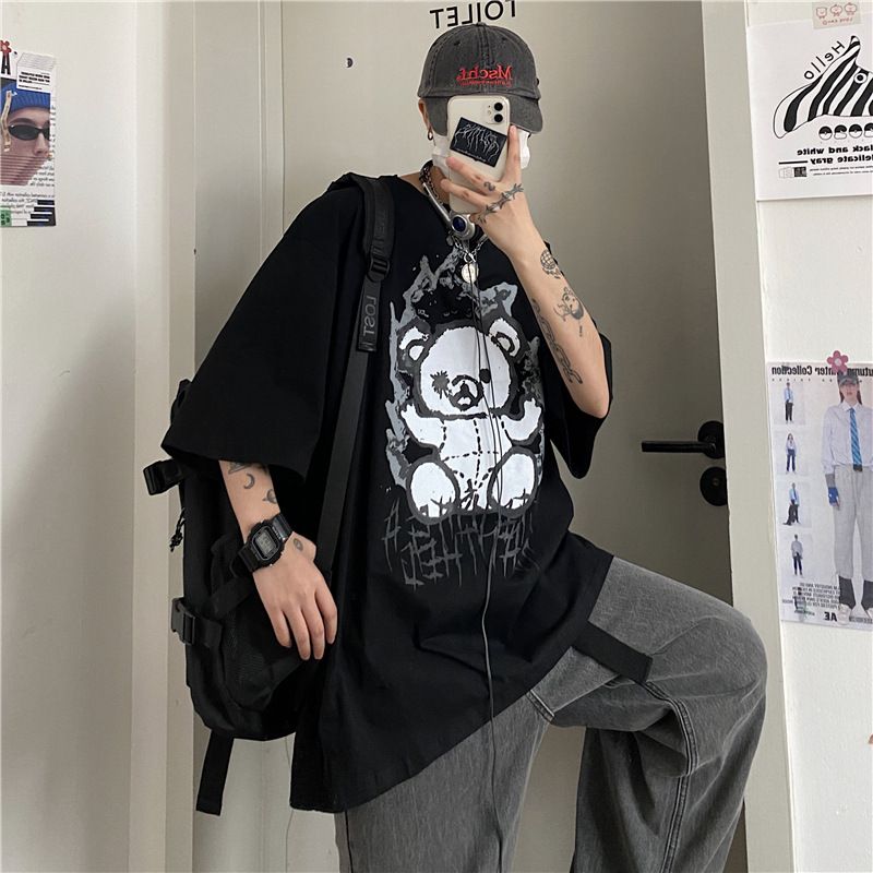 Men's Clothing summer new fashion brand pure cotton bear cartoon print men's Korean loose short sleeved T shirt men's couple wear_voghion.com