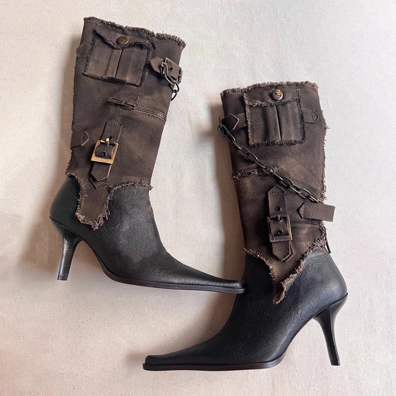 Pointed-toe Belt Buckle Western Cowboy Style 2025 Autumn New Removable Double-sided Work Boots For Women Fashionable And Versatile_voghion.com