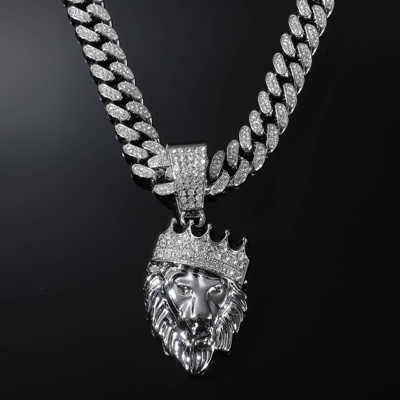 Fashion Shiny Crystal Crown Lion Animal Pendant Cuban Necklace For Women Men Iced Out Zircon Tennis Chain Necklace Hip Hop Jewelry_voghion.com