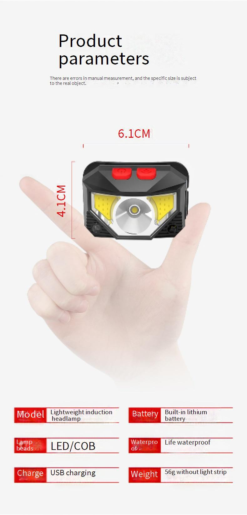 Headlight Sensing Usb Charging Warning Red Led Strong Light Cob Outdoor Night Fishing Waterproof Headlight_voghion.com