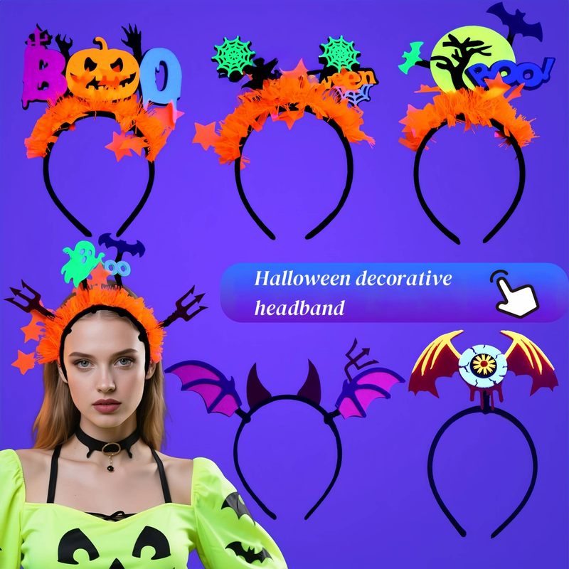Bandeaux d'Halloween phosphorescents - Barrettes à cheveux en forme de chauve-souris et citrouilles fluo arc-en-ciel, accessoires de fête doux non tissés_voghion.com