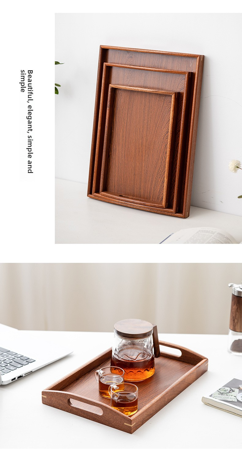 Solid Wood Tea Tray With Bamboo Handle - Right-Angle Tea Serving Tray For Home & Hotel Use_voghion.com