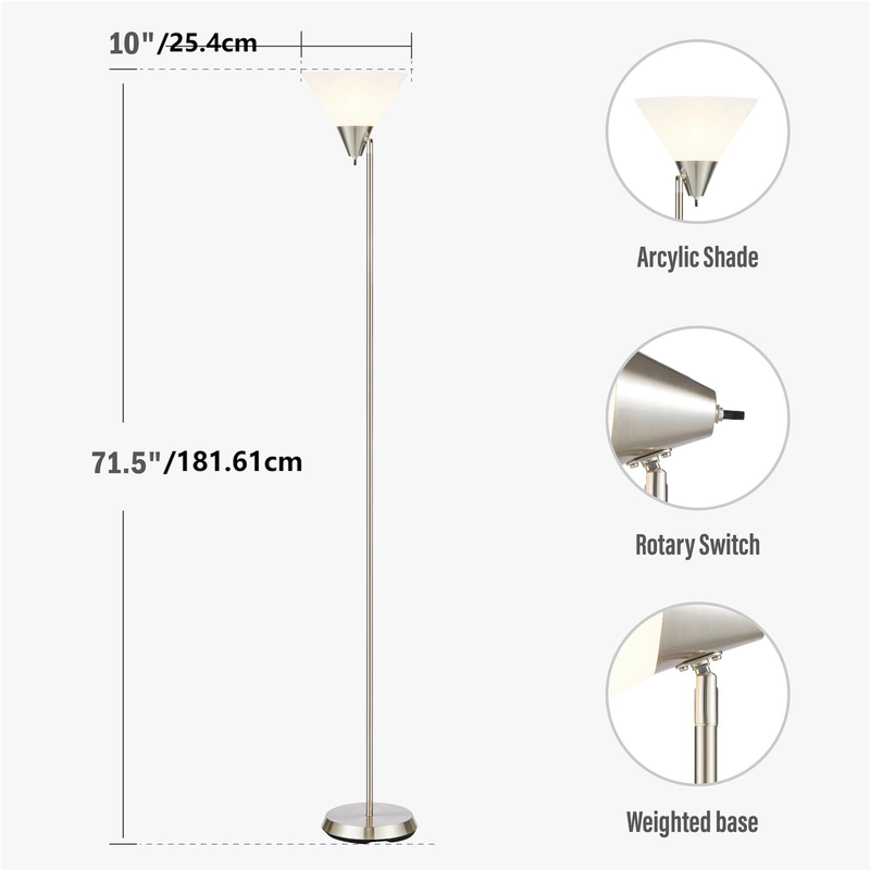 Lampada da terra HonoDing, lampada da terra con testa regolabile, paralume in acrilico, per soggiorno/ufficio/camera da letto (nichel satinato)_voghion.com