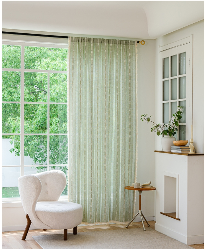 Cortinas de mistura de linho japonês - Painel de janela semitransparente com listras bordadas para cozinha/quarto, vários tamanhos e cores, bolso para haste/ganchos/ilhós_voghion.com