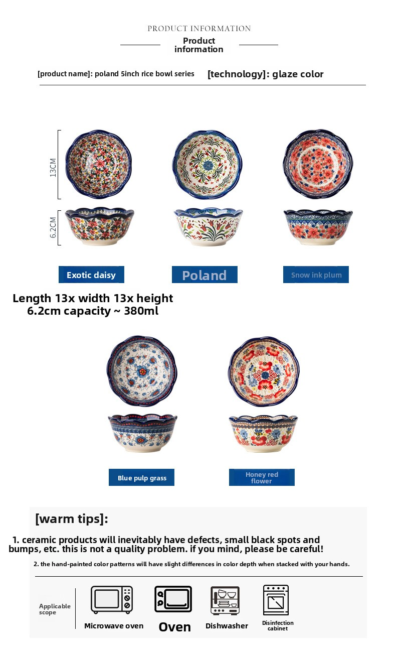 Keramische rijstkommen - Set van 5 handgemaakte, met bloemen versierde eetkommen, magnetronbestendig en vaatwasserbestendig, rustieke boerderijstijl voor dagelijks gebruik_voghion.com