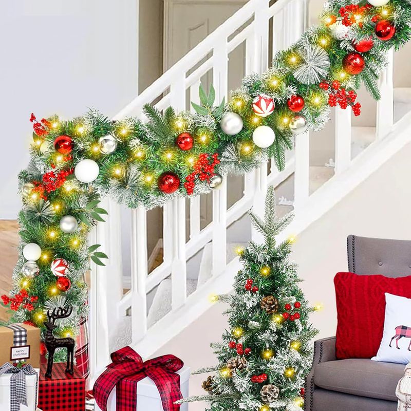 180cm/270cm Christmas Wreath Door Hanging Decor With Faux Pine Garland, Red & White Ornaments_voghion.com