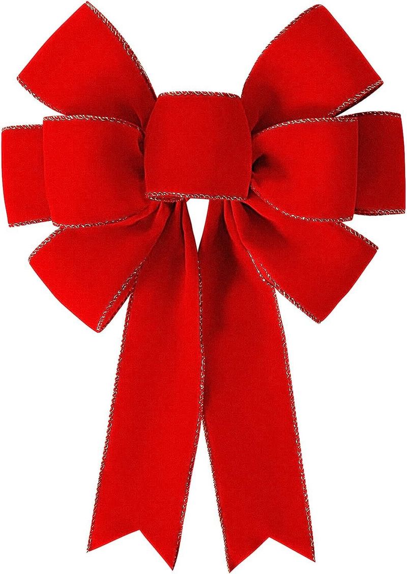 10-Loop Red Velvet Christmas Bow Decoration - Elegant Flocked Edge Holiday Ribbon For Tree, Wreaths & Gifts (27x50cm)_voghion.com