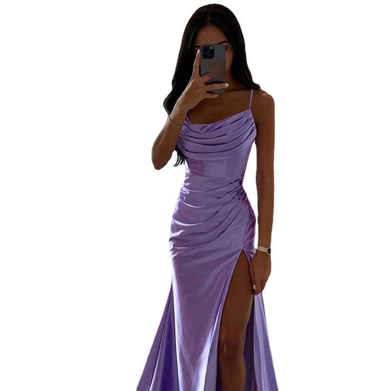 Satin Ruched Mermaid Evening Dress – Strapless High-Slit Formal Gown, Bodycon Elegance For Prom, Wedding & Parties_voghion.com