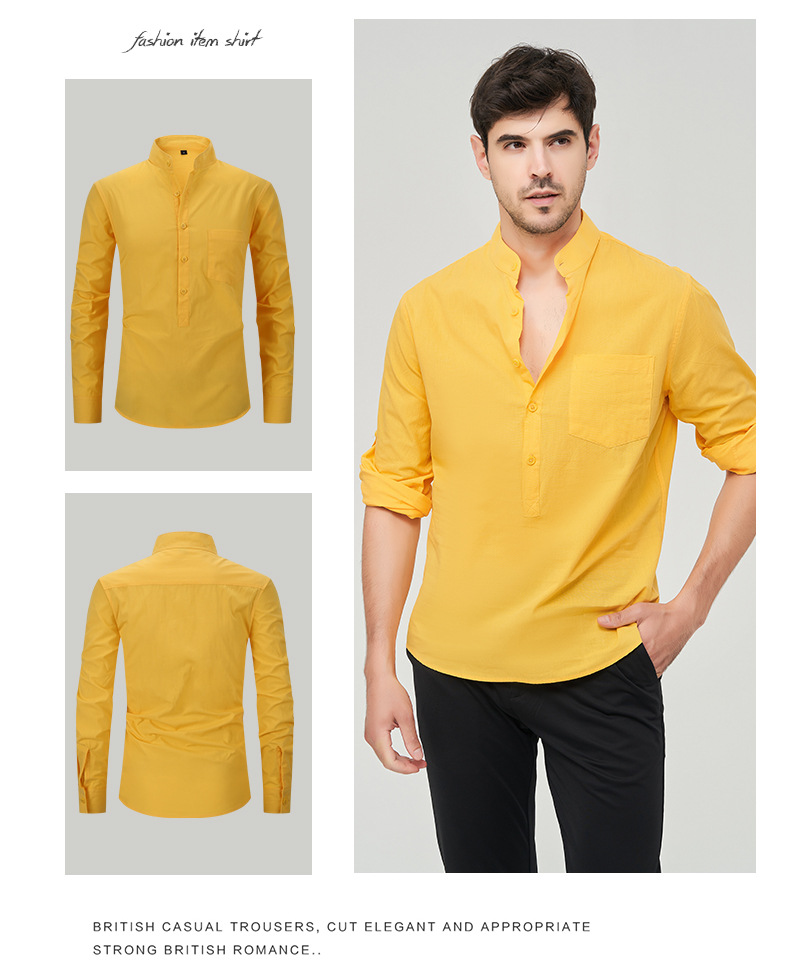 Abbigliamento Uomo Camicia Camicia Henry in cotone da uomo Camicia in lino con collo alto Camicia a maniche lunghe da uomo_voghion.com