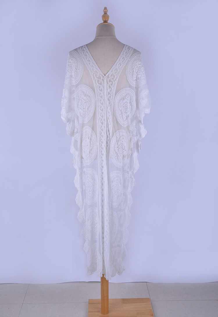 Beach Cover-Up Dress – 100% Cotton Crochet Bikini Wrap, Lightweight 220GSM, Flowing Longline Design (One Size, White/Black/Black-White)_voghion.com
