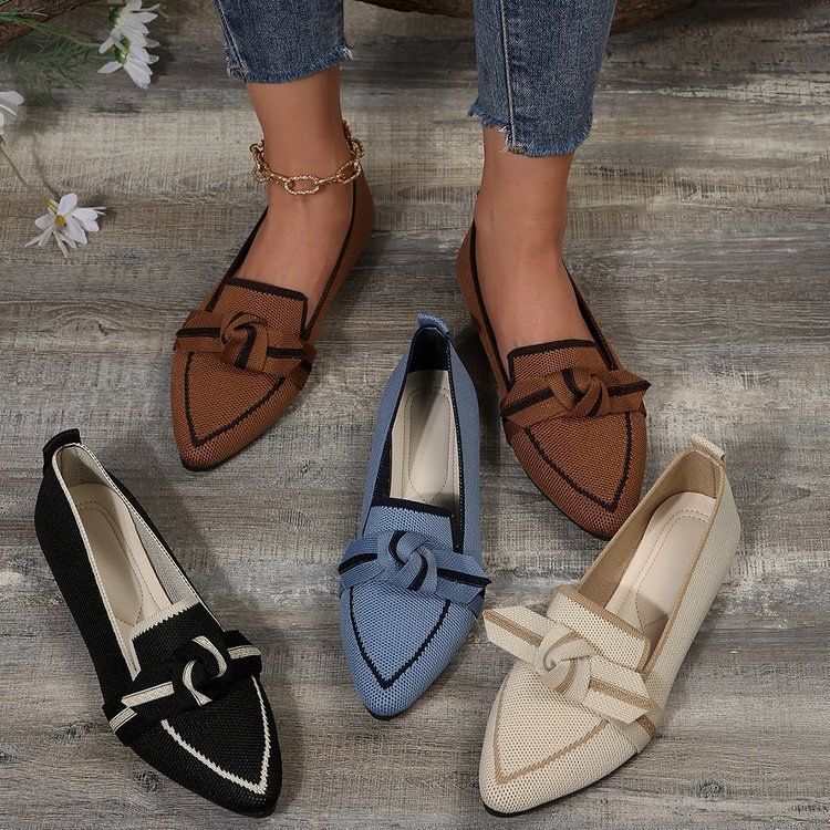 breathable Flat Single Shoes For Women's Pullover, Bow Tie Bow Tie, Shallow Mouth Loafers Work Shoes_voghion.com